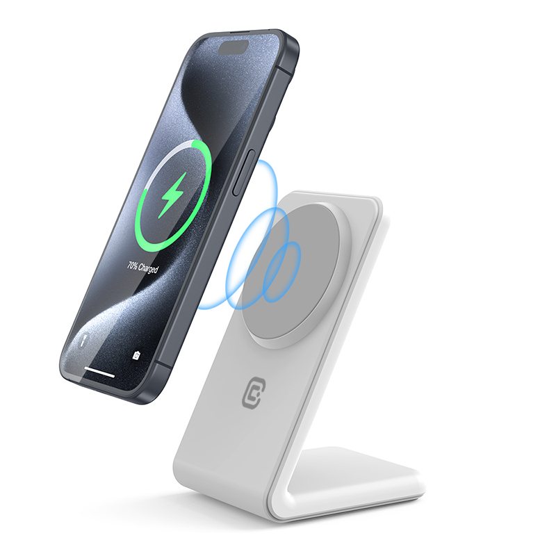 Crong MagSpot Stand 2-in-1 MagSafe-compatible wireless charger for iPhone and AirPods, white