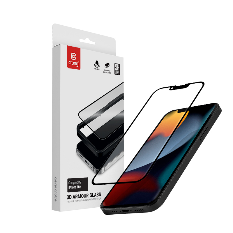 Crong 3D Armor Glass tempered-glass screen protector for iPhone 17e / 16e / 14 / 13 / 13 Pro, with installation frame