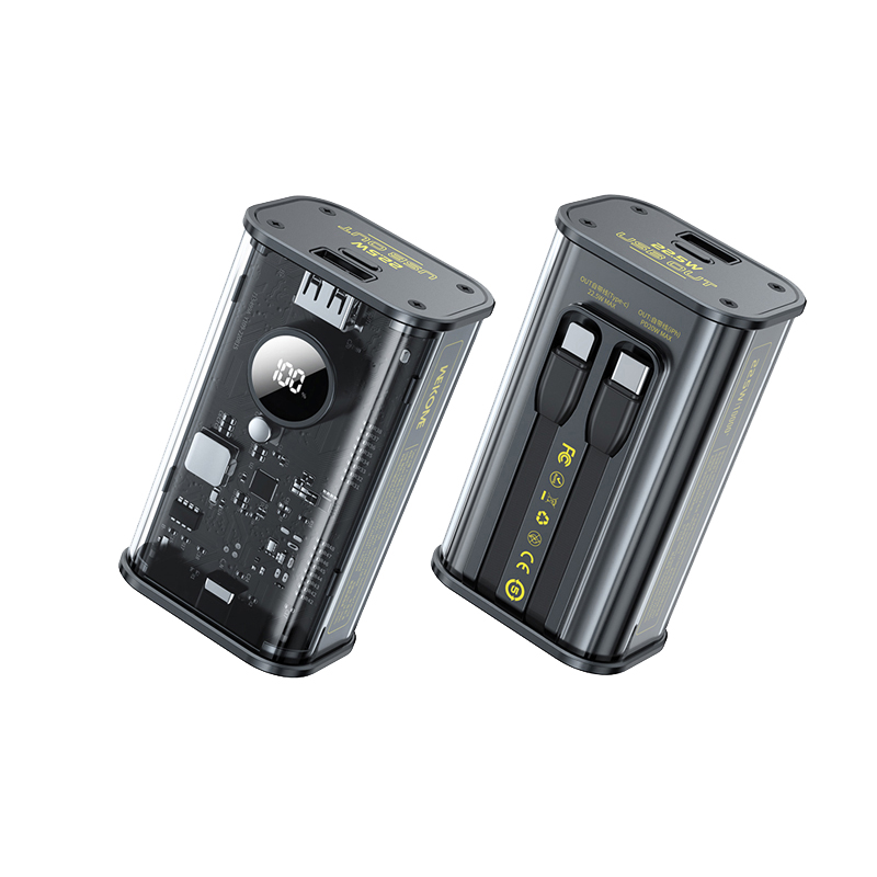 WEKOME WP-345 Vanguard Series varavirtalähde, 10000 mAh, PD 20 W + QC 22,5 W, sisäänrakennetuilla USB-C- ja Lightning-kaapeleilla, musta