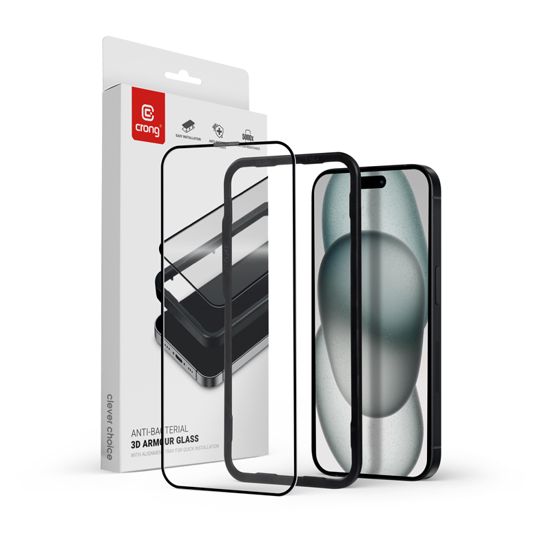 Crong Anti-Bacterial 3D Armour Glass antimikrobinen 9H-karkaistu kokoliimapintainen näytönsuojalasi iPhone 16 Plus / 15 Plus -laitteelle asennuskehyksellä