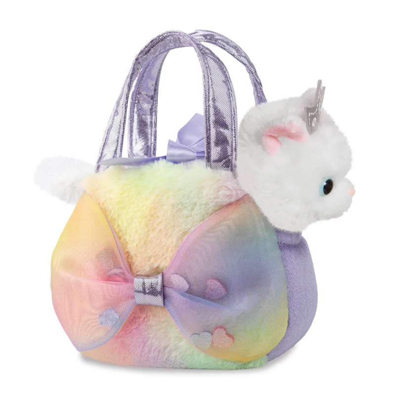 Fancy Pals ympäristöystävällinen prinsessakissa-pehmolelu suurella rusetilla ja hopeakruunulla värikkäässä laukussa, 20 cm