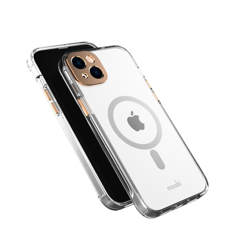 Moshi iGlaze suojakuori iPhone 14 Plus -laitteelle, MagSafe-yhteensopiva, läpinäkyvä Sunset Gold -yksityiskohdilla