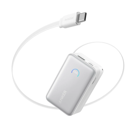 Anker Nano A1638H21 – 10000 mAh 45 W varavirtalähde sisäänvedettävällä USB-C-kaapelilla, valkoinen