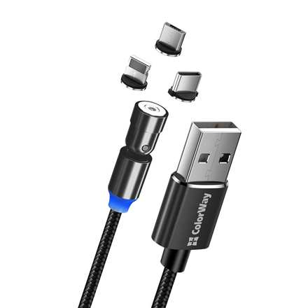 ColorWay CW-CBUU037-BK – 1 m 3-in-1 magneettikaapeli 540° kääntyvillä Lightning-, Micro-USB- ja USB-C-liittimillä, 2,4 A