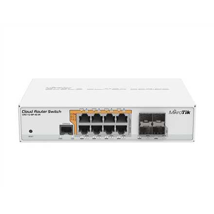 MikroTik Cloud Router Switch CRS112-8P-4S-IN – verkkohallittava Gigabit Ethernet -pöytäkytkin, 8 kupariporttia ja 4 SFP-porttia