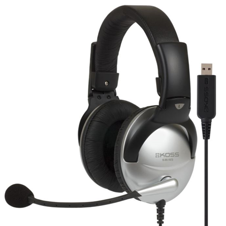 Koss SB45 USB – langallinen korvanpäällinen pelikuulokemikrofoni passiivisella meluneristyksellä, hopeanvärinen/musta