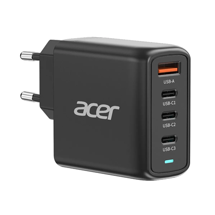 Acer 100 W PD GaN -laturi, 3 x USB C ja 1 x USB A, EU-pistoke, 100 W USB-C-kaapeli, musta, vähittäismyyntipakkaus