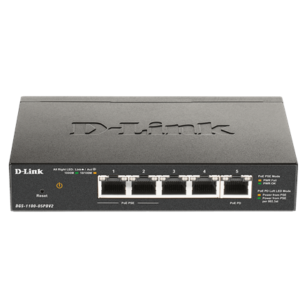 D-Link 5-portin Gigabit PoE älykäs hallittu kytkin ja PoE-jatke DGS-1100-05PDV2, verkkoselaimella hallittava, pöytämalli, virtalähteen tyyppi – ulkoinen