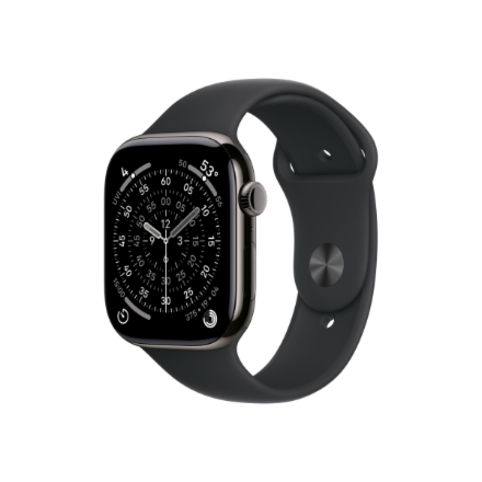 Apple Watch Series 11 MFD24ET/A – GPS + Cellular, 46 mm liuskekivenvärinen titaani kuori, musta urheiluranneke, M/L