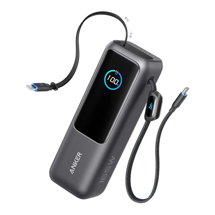 Anker Zolo varavirtalähde A1695H11, 25000 mAh, sisäänrakennettu USB-C ja sisäänvedettävä kaapeli, harmaa