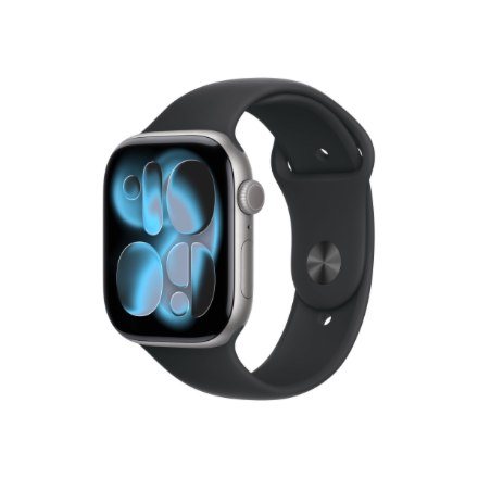 Apple Watch Series 11 GPS + Cellular 46 mm – älykello Space Grey -alumiinikuorella ja mustalla M/L-kokoisella Sport Band -rannekkeella