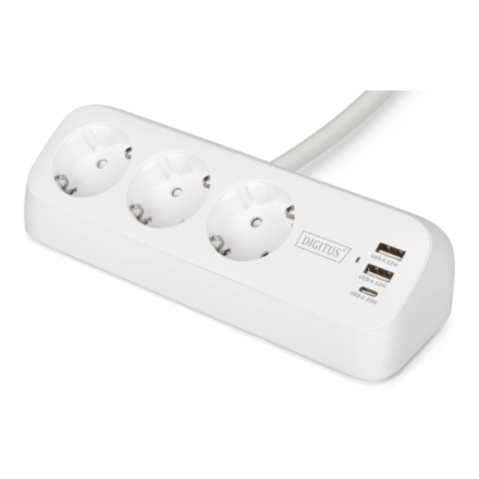 DIGITUS DA-70626 – 3 pistorasian toimistopistorasiapaneeli, 2 × USB-A ja 1 × USB-C