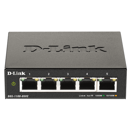 D-Link älykäs hallittava kytkin DGS-1100-05V2/E, hallittava L2, telineeseen asennettava, Gigabit Ethernet (kupari) porttien määrä 5