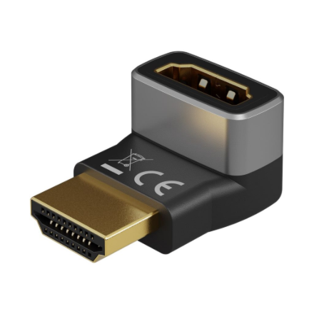 Goobay 72009 – pystysuuntainen 90° HDMI-kulmasovitin, 8K 60 Hz, kullattu, musta/hopea