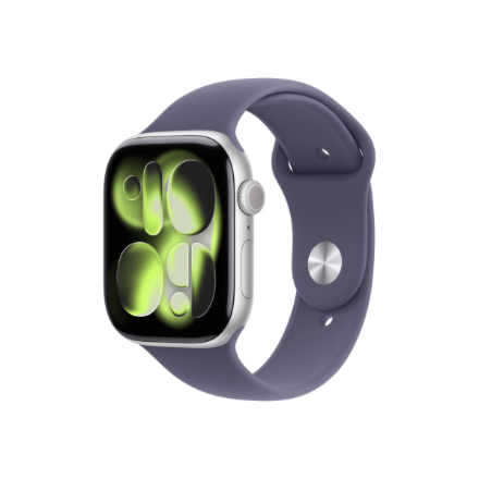 Apple Watch Series 11 MFCP4ET/A – GPS + Cellular, 46 mm hopeanvärinen alumiini kuori, violetinsumuinen urheiluranneke, S/M