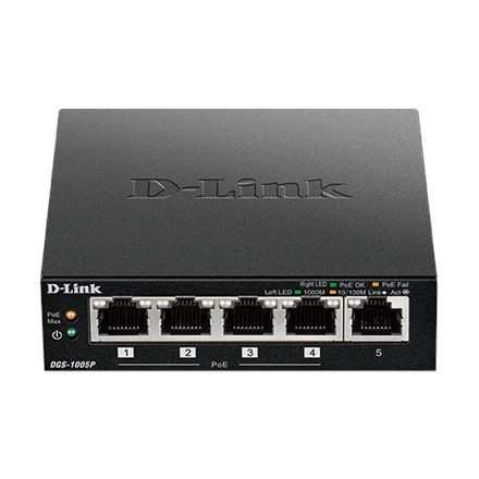 D-Link kytkin DGS-1005P, hallitsematon, pöytämalli, Gigabit Ethernet (kupari) porttien määrä 5, Power over Ethernet (PoE) -porttien määrä 4, virtalähdetyyppi – ulkoinen