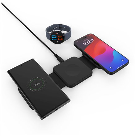 FIXED Flex Samsung FIXFLE-SA-BK – taitettava 3-in-1-langaton laturi Samsung-laitteille, musta