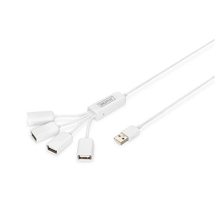DIGITUS DA-70216 – USB 2.0 -kaapelikeskitin, 4 × USB-A-naaras, 1 × USB-A-uros, DC 2,5 mm:n virtaliitäntä