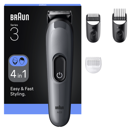 Braun All-in-One Series 3 AIO3500 – 4-in-1 akkukäyttöinen trimmaussarja, 14 pituusasetusta, musta