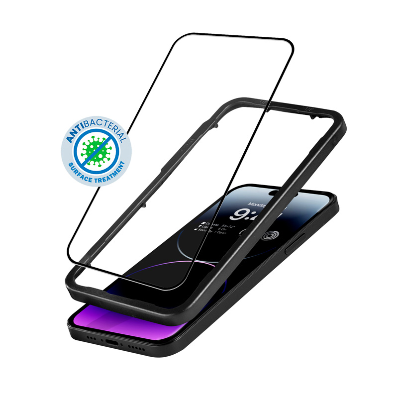 Crong Anti-Bacterial 3D Armor Glass 9H koko näytön peittävä karkaistu suojalasi iPhone 14 Pro Max -laitteelle, asennuskehyksellä