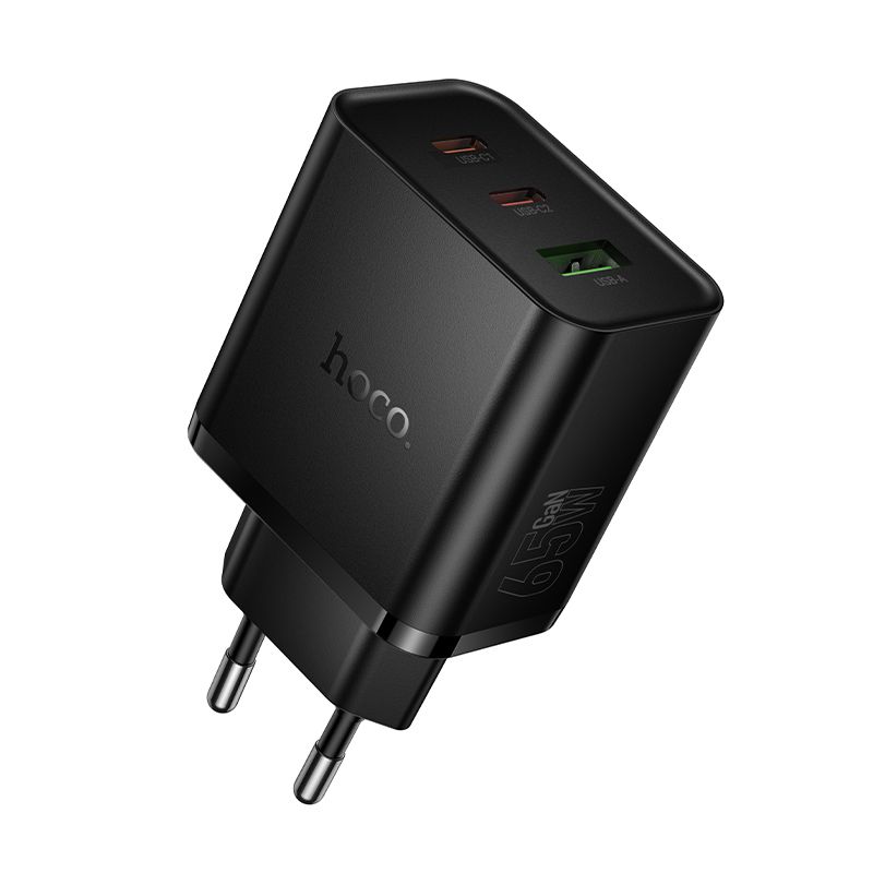 Hoco verkkolaturi 2x USB-C + USB-A QC3.0 PD 3A 65W N75 musta