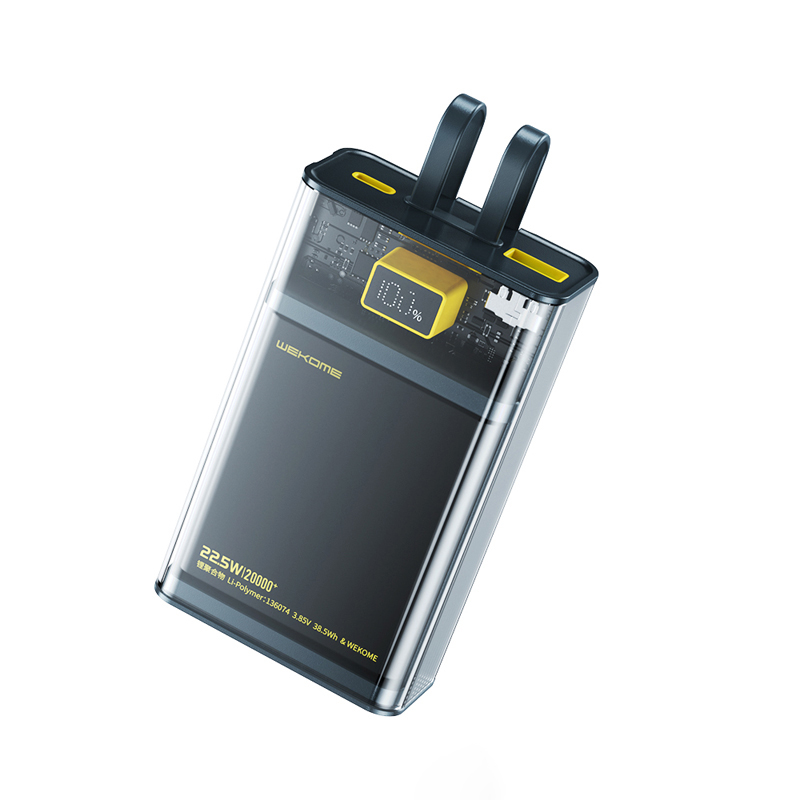 WEKOME WP-325 Vanguard Series varavirtalähde, 20000 mAh, PD 20 W + QC 22,5 W, sisäänrakennetuilla USB-C- ja Lightning-kaapeleilla, musta ja läpinäkyvä