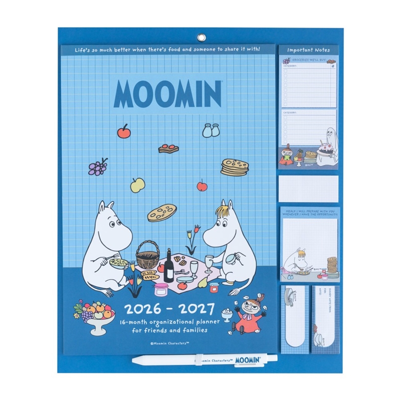 Moomins magneettinen kuukausikalenteri ja suunnittelija, 2026/2027, 30 × 34 cm