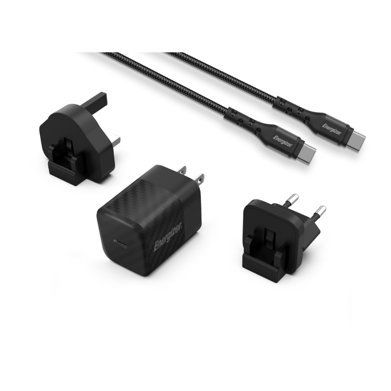 Energizer Ultimate A20MUC GaN-matkalaturi EU-, UK- ja US-pistokkeilla, USB-C, 20 W PD, USB-C-kaapelilla, musta
