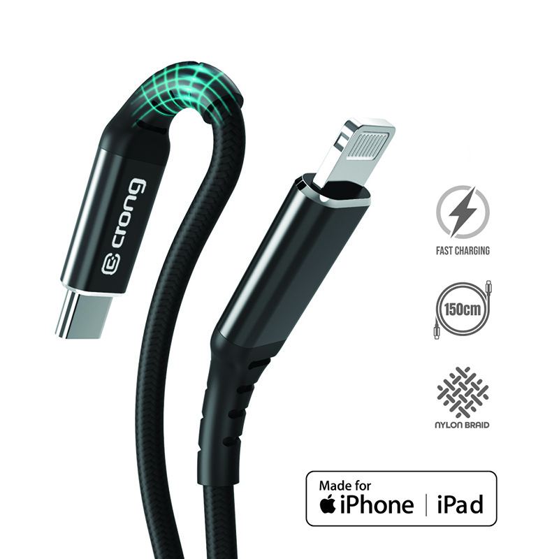 Crong Armor Link MFi USB-C–Lightning -kaapeli, 1.5 m, 3 A, musta