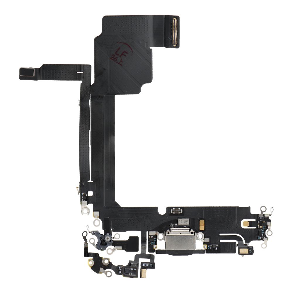 Original charging-port flex cable removed from a donor device for iPhone 15 Pro Max – black