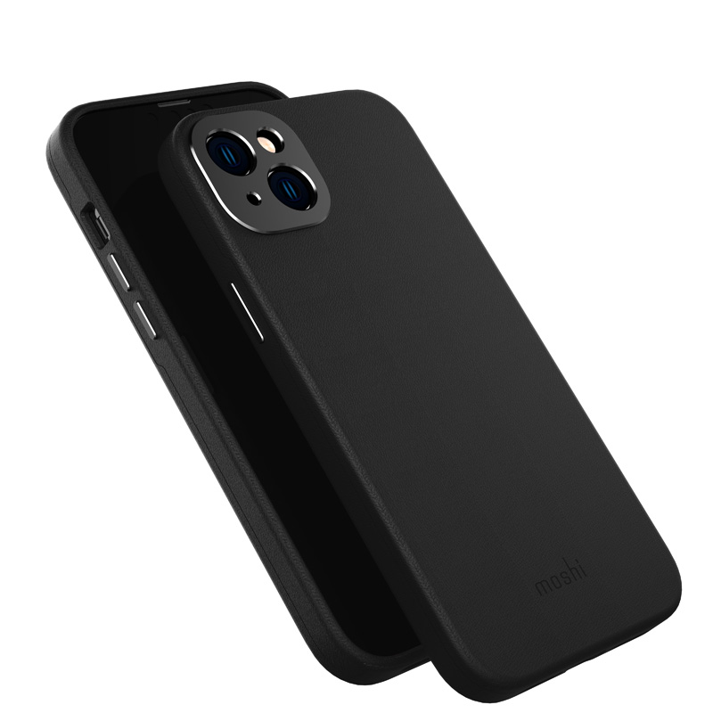 Moshi Napa suojakuori iPhone 14 Plus -laitteelle, MagSafe-yhteensopiva, vegaaninahkainen, Midnight Black -värinen