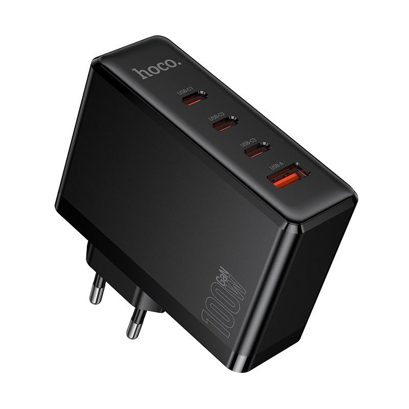 Hoco N85 100 W -laturi, jossa on 3 USB-C-porttia ja 1 USB-A-portti, musta