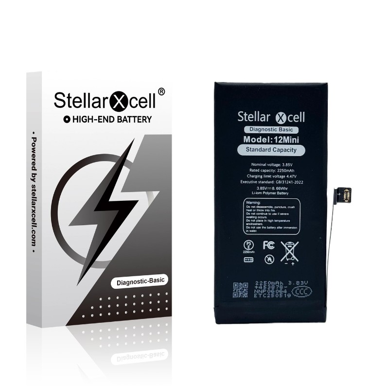StellarXcell Diagnostic -akku Apple iPhone 12 mini -puhelimeen, 2227 mAh (vakiokapasiteetti + laadukas BMS-kopio)