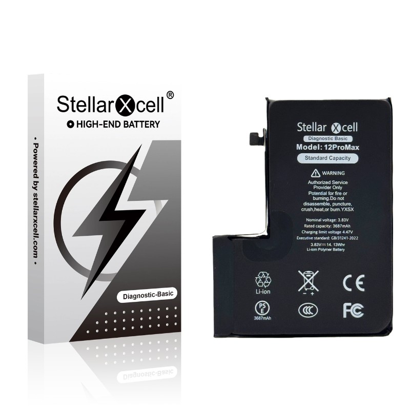StellarXcell Diagnostic -akku Apple iPhone 12 Pro Max -puhelimeen, 3687 mAh (vakiokapasiteetti + laadukas BMS-kopio)