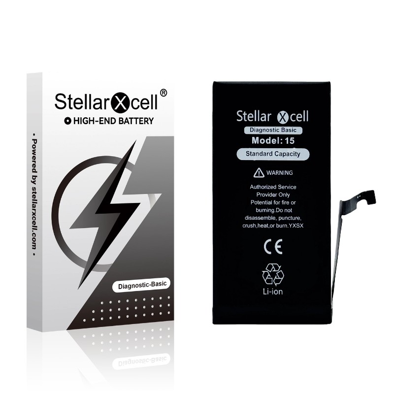 StellarXcell Diagnostic -akku Apple iPhone 15 -puhelimeen, 3349 mAh (vakiokapasiteetti + laadukas BMS-kopio)