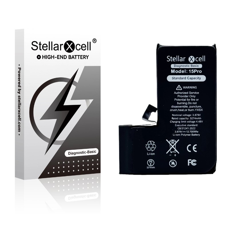 StellarXcell Diagnostic -akku Apple iPhone 15 Pro -puhelimeen, 3274 mAh (vakiokapasiteetti + laadukas BMS-kopio)