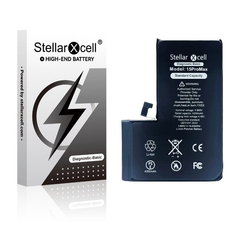 StellarXcell Diagnostic -akku Apple iPhone 15 Pro Max -puhelimeen, 4422 mAh (vakiokapasiteetti + laadukas BMS-kopio)