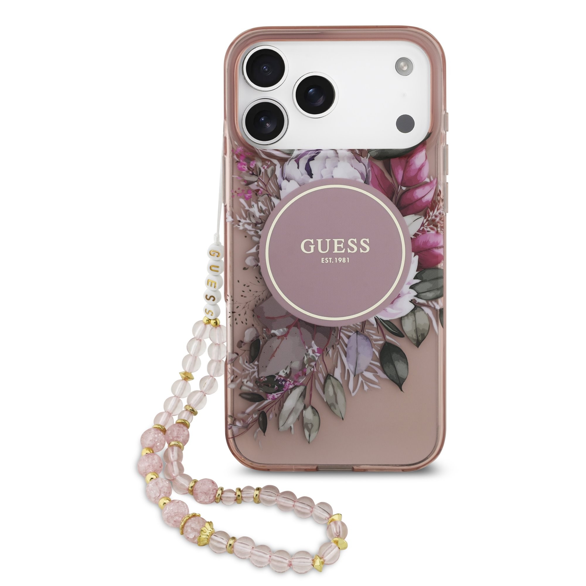 Guess IML Flowers Pearl Strap MagSafe -suojakuori iPhone 17 Pro Max - pinkki