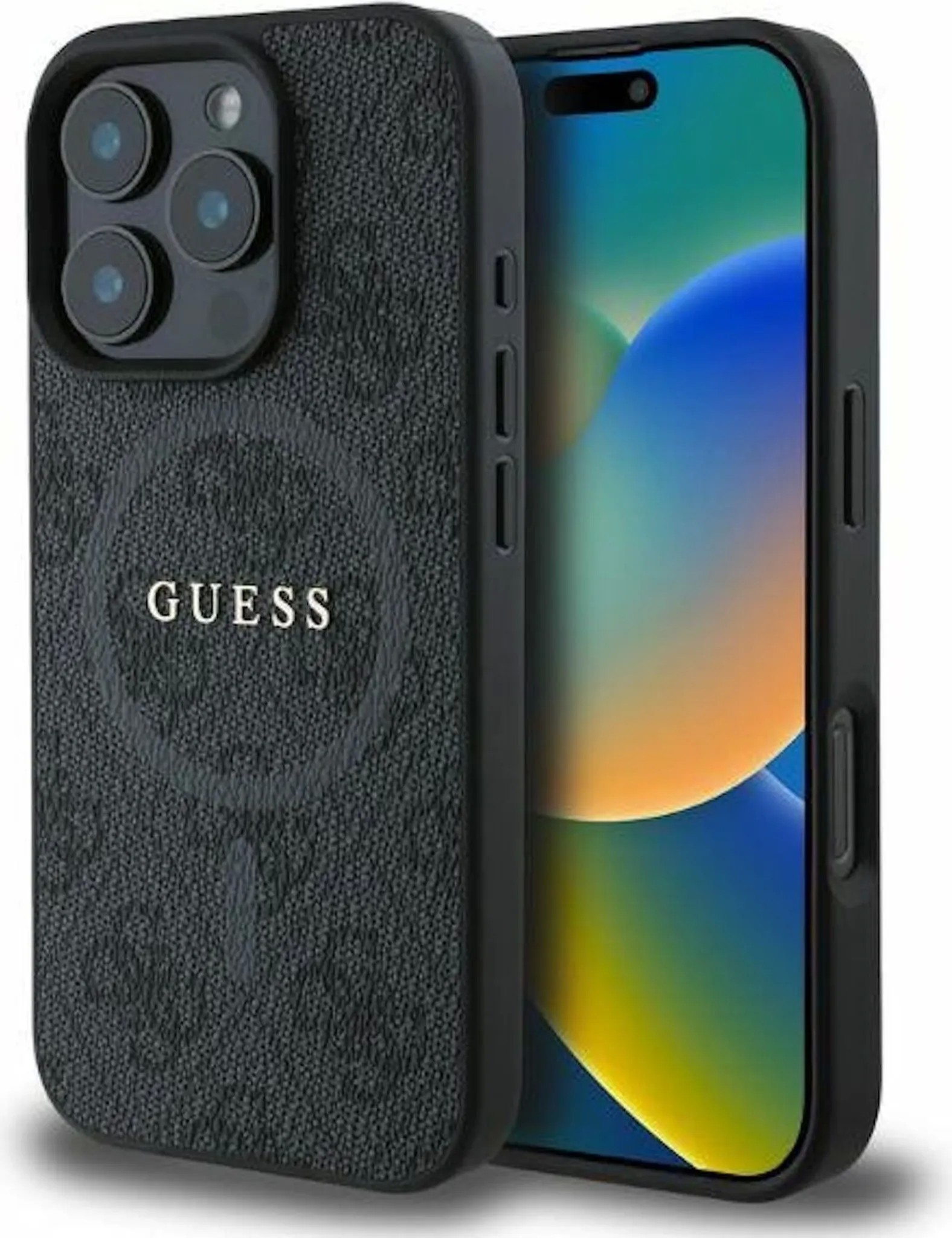 Guess Suojakuori iPhone 16 Pro:lle MagSafe-yhteensopiva GUHMP16LG4GFRK (PU 4G Ring Classic Logo) musta