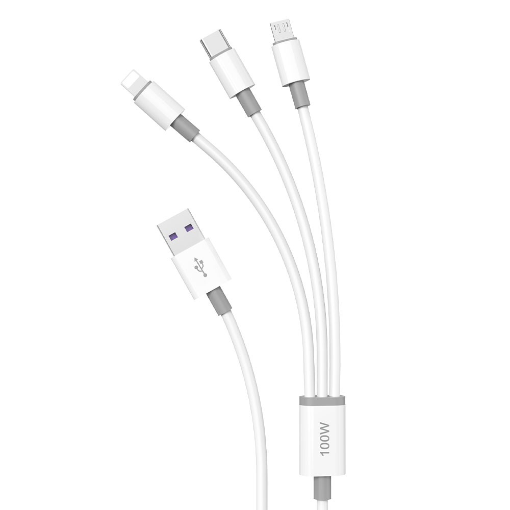 Dudao L8s-3in1 USB-A–USB-C / Micro-USB / Lightning -kaapeli, 100 W, 1,2 m, valkoinen