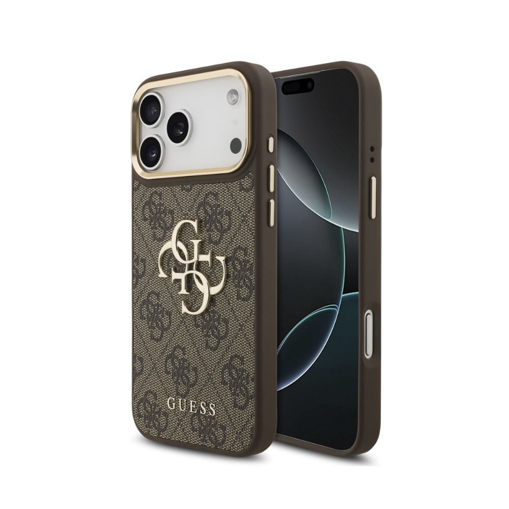 Case Guess PU Leather 4G Metal Logo Gold Frame Apple iPhone 18 Pro Max brown