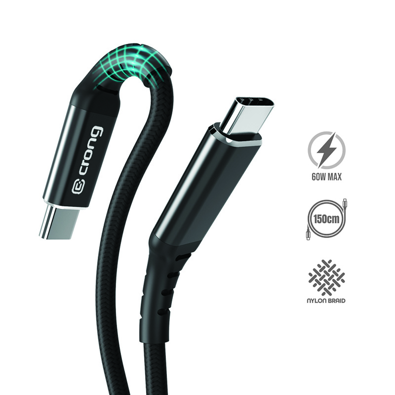 Crong Armor Link USB-C–USB-C -kaapeli, 1.5 m, PD 60 W / 3 A, musta
