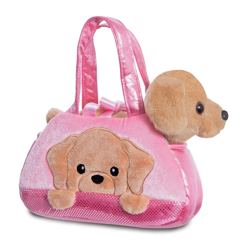 Fancy Pals PeekaBoo ympäristöystävällinen labradorinpehmolelu vaaleanpunaisessa laukussa, 20 cm