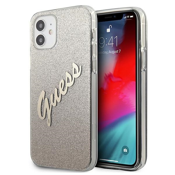 Guess GUHCP12SPCUGLSGO iPhone 12 mini 5.4" kultainen/kultainen kovakotelo Glitter Gradientti Script