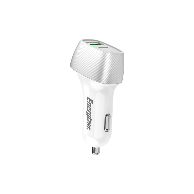 Energizer Ultimate D38WS autolaturi, USB-C + USB-A, 38 W PD + QC 3,0, valkoinen ja hopeanvärinen