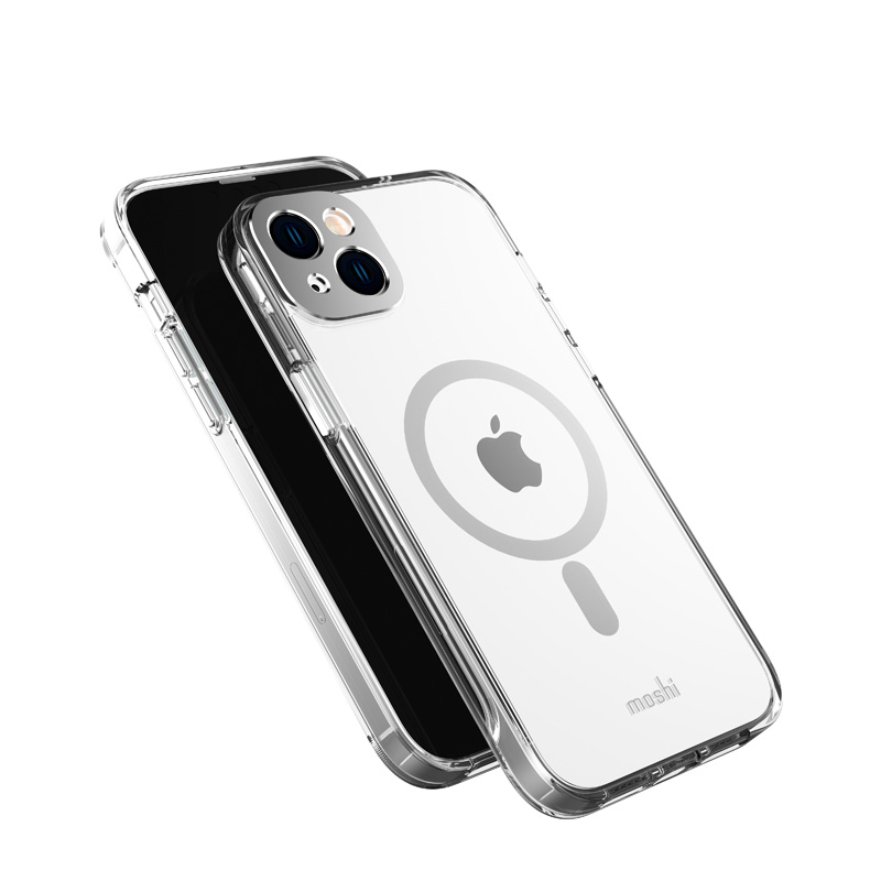 Moshi iGlaze suojakuori iPhone 14 Plus -laitteelle, MagSafe-yhteensopiva, läpinäkyvä Luna Silver -yksityiskohdilla