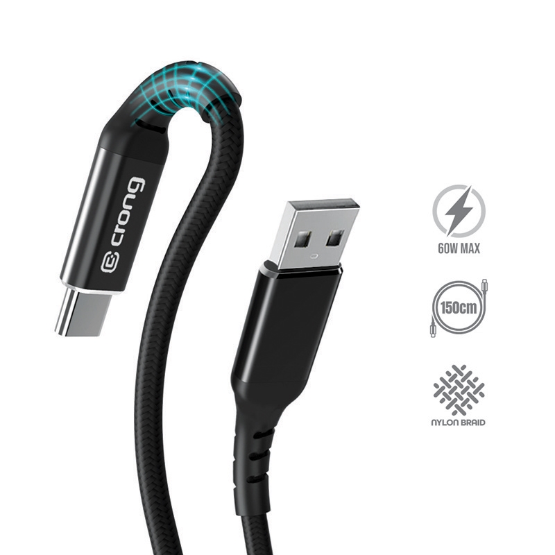 Crong Armor Link USB-A–USB-C -kaapeli, 1.5 m, 60 W / 3 A, musta