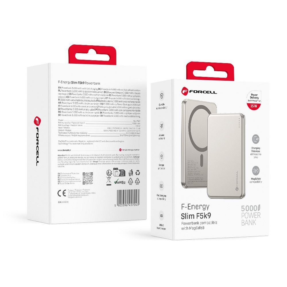 Forcell F-Energy Slim F5K9 -varavirtalähde, MagSafe-yhteensopiva, 5000 mAh, 15 W, QC 4.0, PD 3.0, Cloud Dancer