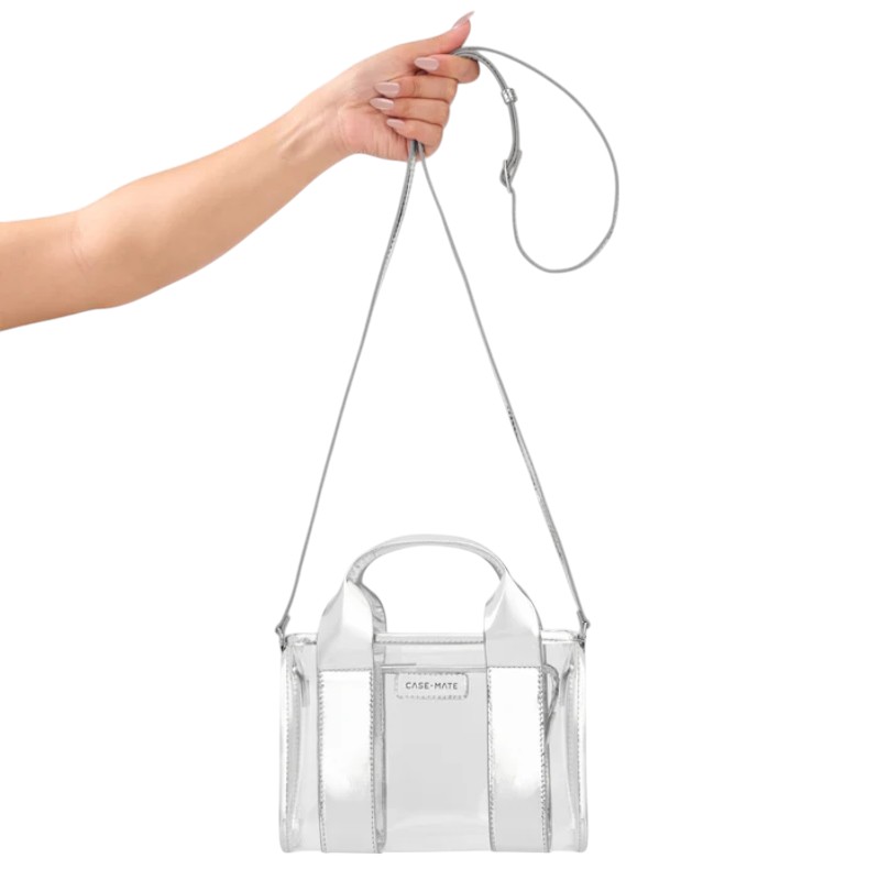 Case-Mate Micro Tote Bag vettä hylkivä olkalaukku, Silver Chrome / Clear