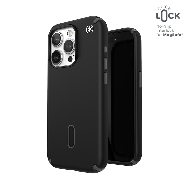 Speck Presidio2 Pro ClickLock MagSafe-suojakuori iPhone 15 Pro -puhelimelle, musta/liuskeenharmaa